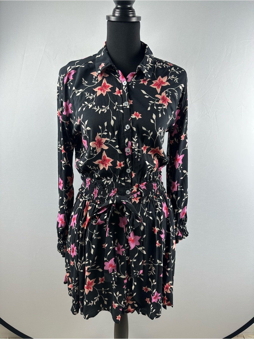 Free People Floral Mini Dress Black Pink Long Sleeve Smocked Size S.
